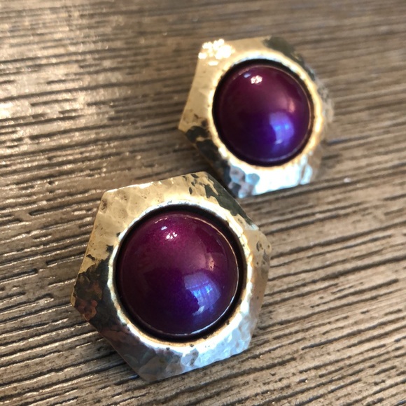 Vintage Hammered Brass Hexagon Earrings with Purple Center - Picture 4 of 14